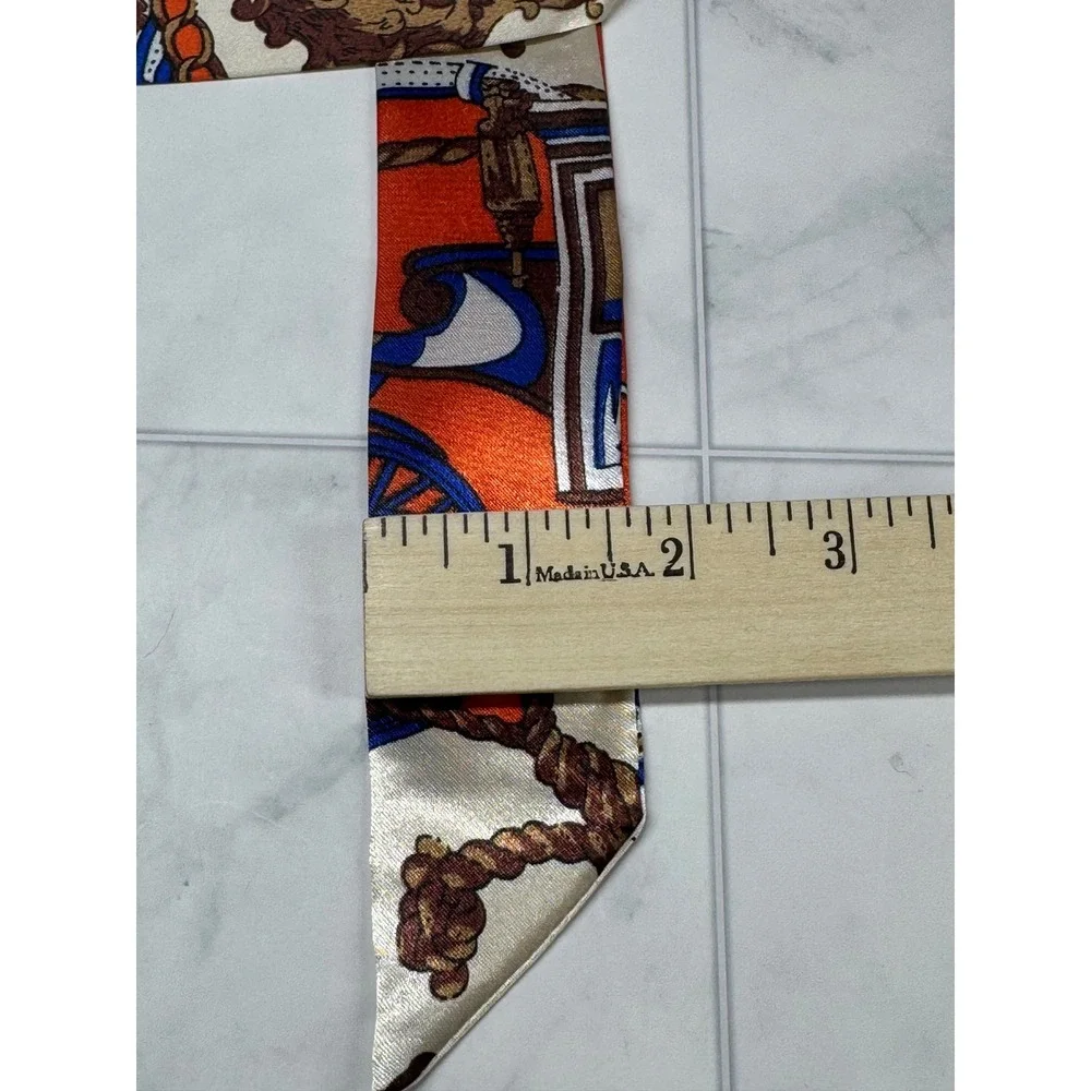 Equestrian Print Satin Skinny Scarf Orange Cream Blue Carriage Chain Bag Ribbon